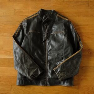 Arizona Leather Moto Jacket Black Brown Racing Stripe Zip Jacket Small Biker Y2K